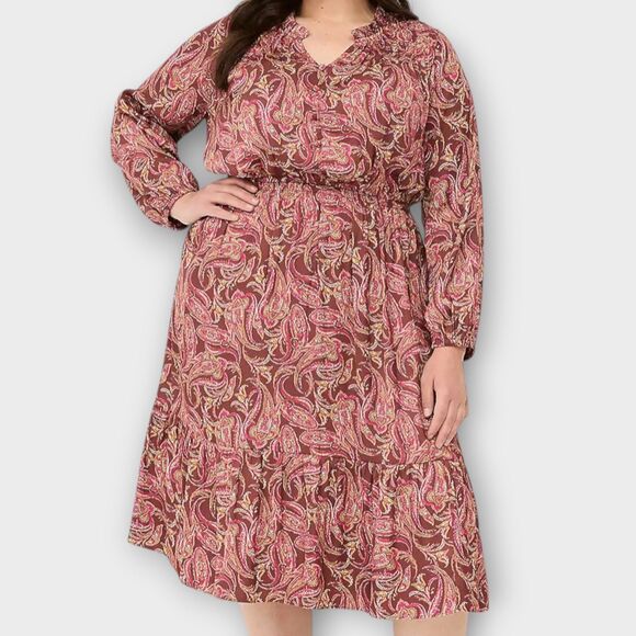 Lane Bryant Dresses & Skirts - LANE BRYANT Brown Paisley Midi Dress Size 18 Long Sleeve Ruffle Neck Silky Boho